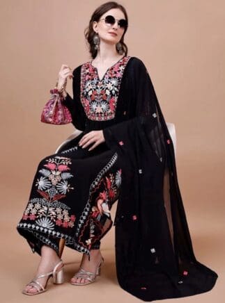 Black Kurta Palazzo Dupatta Set for Women