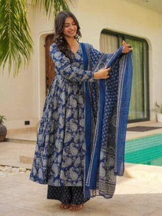 anarkali flared kurti pant dupatta set