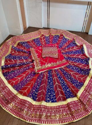 New Launch heavy boutique Rajputi Poshak featuring a 5 meter gher lehanga and designer 7 meter gher lehanga suit in premium quality georgette fabric with royal pure odhani. Designed with vintage style zari and sequence border work, heavy four-side odhani jaal work with fancy turri, and a 1.80 meter heavily embroidered kurti. Perfect for weddings and festive occasions.