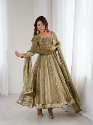 Designer Fandy Silk Gown Set with Pant & Dupatta