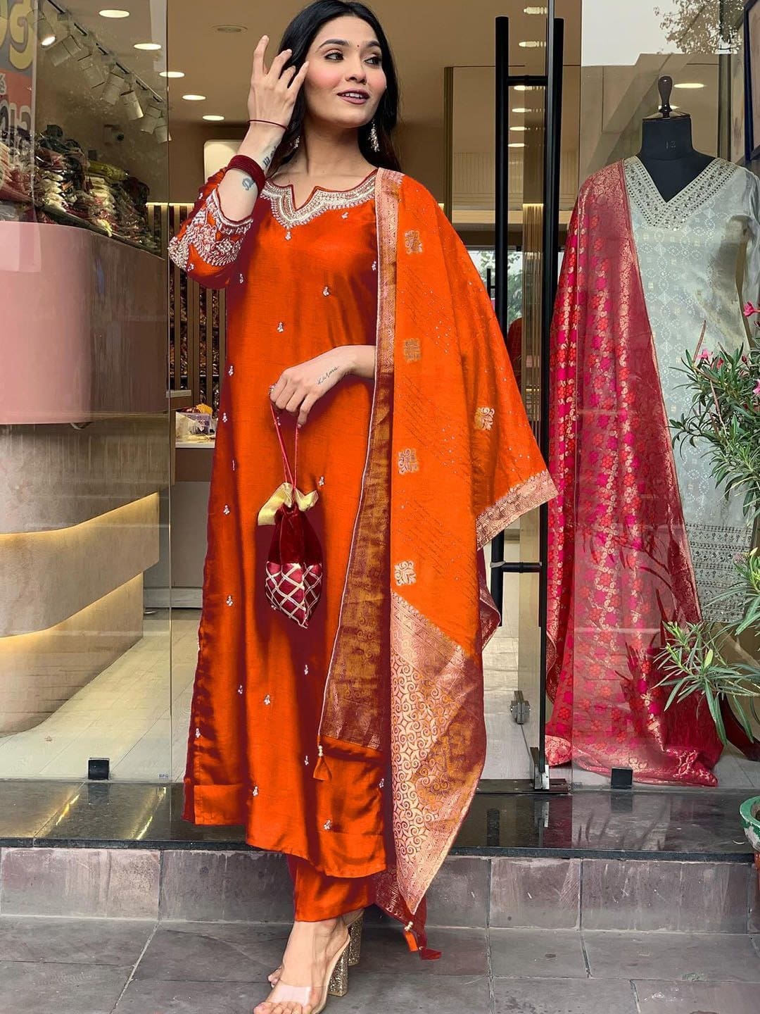 Orange Embroidered Silk Kurta Set with Dupatta for Women