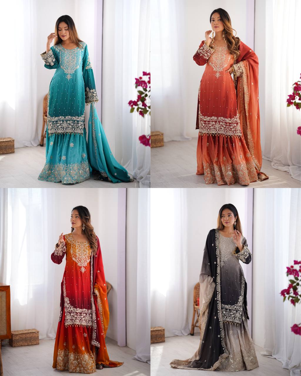 Designer Chinon Silk Sharara Set with Dupatta – Embroidery Work | RjPoshak