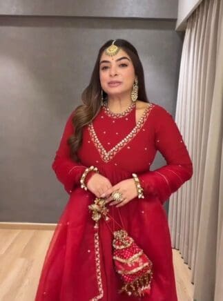 Buy Red Designer Anarkali Suit Set with Plazo & Dupatta – Festive & Party Wear | RjPoshak