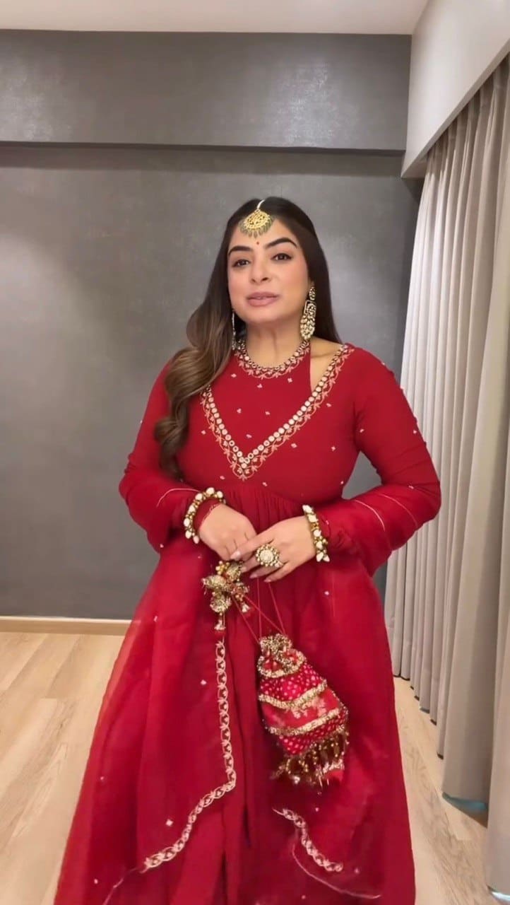 Buy Red Designer Anarkali Suit Set with Plazo & Dupatta – Festive & Party Wear | RjPoshak