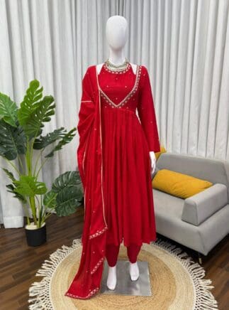 Buy Red Designer Anarkali Suit Set with Plazo & Dupatta – Festive & Party Wear | RjPoshak