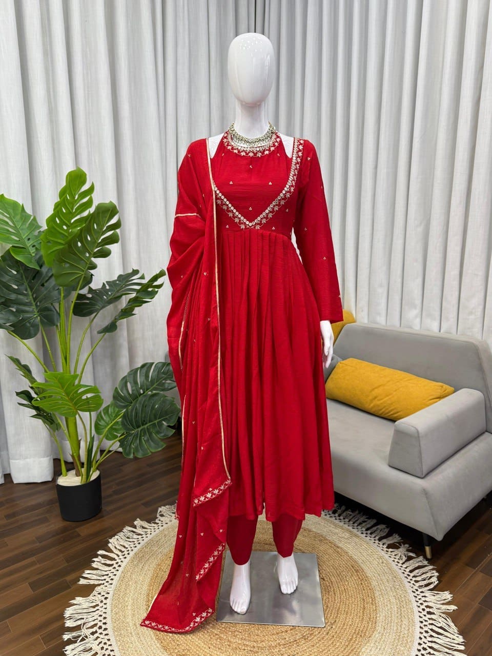 Buy Red Designer Anarkali Suit Set with Plazo & Dupatta – Festive & Party Wear | RjPoshak