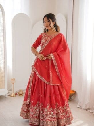 Red Designer Lehenga Choli with Dupatta – Festive & Wedding Wear | RjPoshak