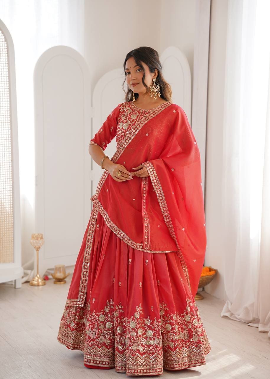 Red Designer Lehenga Choli with Dupatta – Festive & Wedding Wear | RjPoshak
