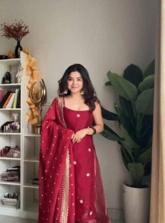 Red Designer Suit Set with Dupatta – Festive & Party Wear | RjPoshak