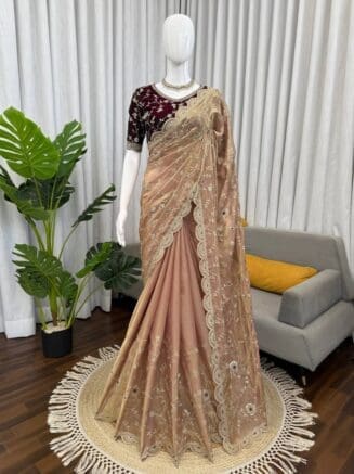 Peach Rose Gold Designer Saree by RjPoshak,