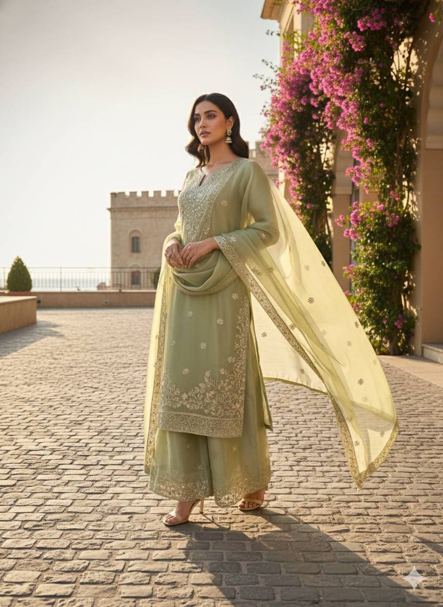 Women’s Designer Silk Suit Set with Plazo & Dupatta – Festive Wear | RjPoshak