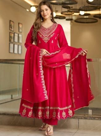 Pink Embroidered Anarkali Pant Dupatta Set – RjPoshak