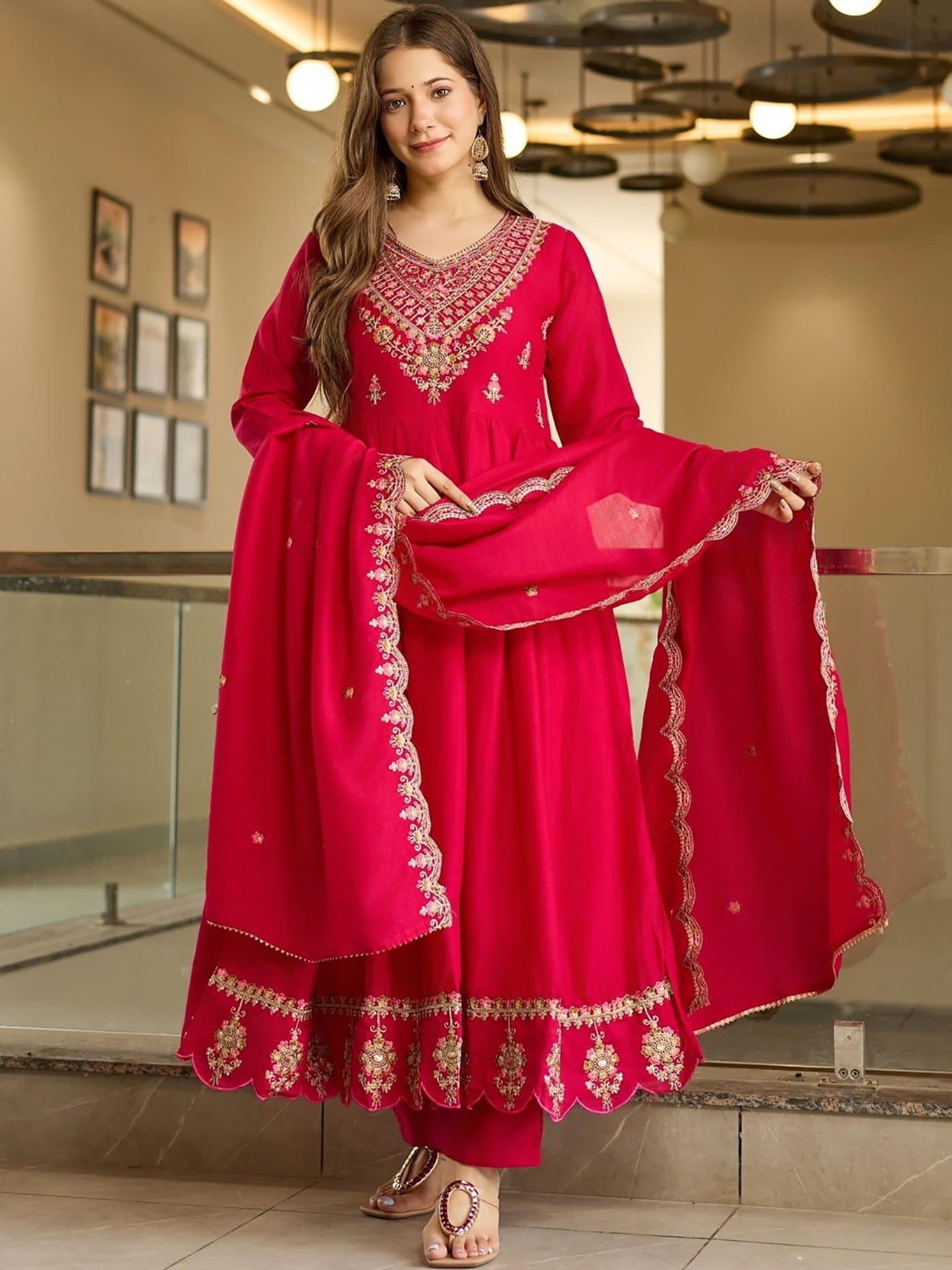 Pink Embroidered Anarkali Pant Dupatta Set – RjPoshak