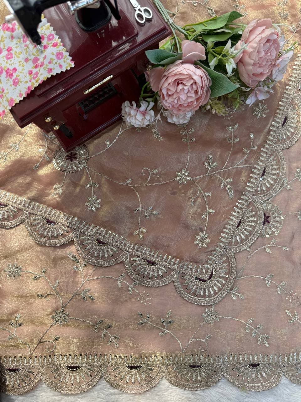 Peach Rose Gold Designer Saree by RjPoshak,